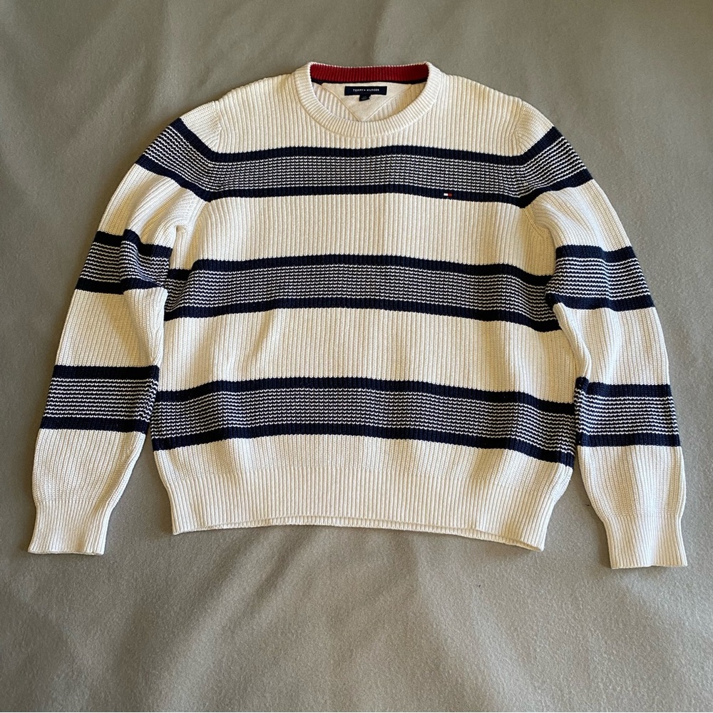 Tommy Hilfiger Sweater 100% Cotton White with Blue Stripes Men’s Size Large